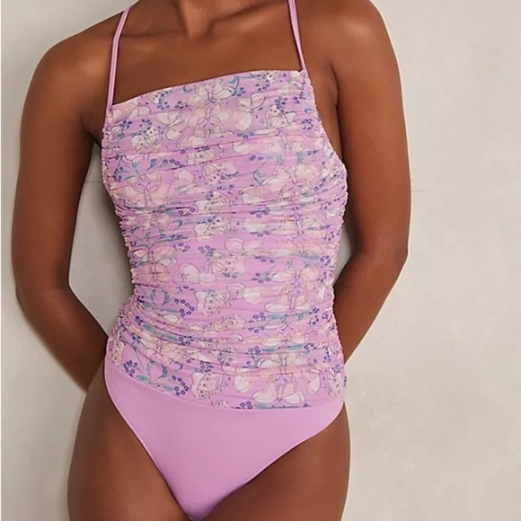FREE People Pink Floral Butterfly Milkshake Mesh Lace Up Back Bodysuit sz Small - Picture 4 of 12